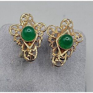 Vintage Sarah Coventry Filigree Gold Tone Green Stone Clip-on Earrings